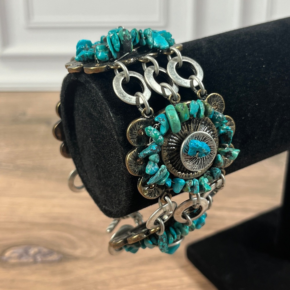 VTG Chico's Bracelet Women Turquoise Silver Bronze Floral Medallion Toggle 8in